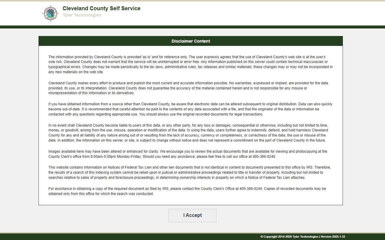 Cleveland County Clerk Self-Service portal for recorded land records, separate from court records