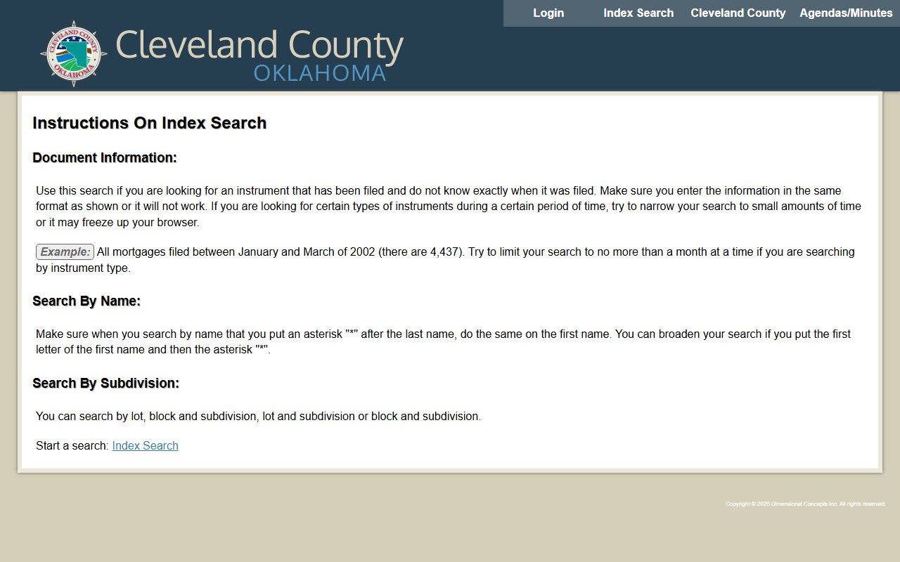 Cleveland County Clerk legacy index search for recorded instruments, distinct from court records