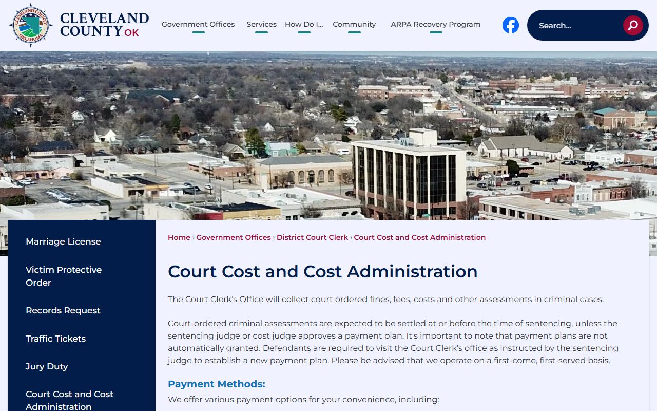 Cleveland County court cost administration page for District Court Clerk payments
