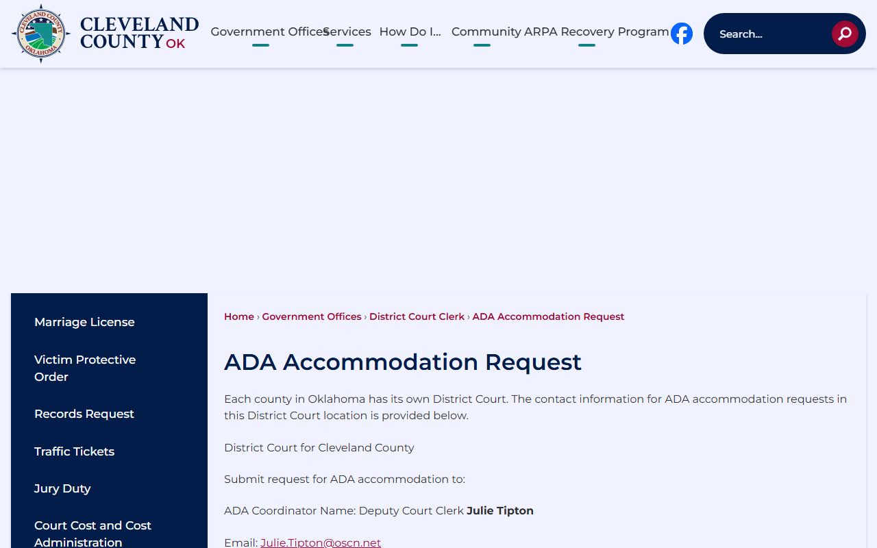 Cleveland County District Court ADA accommodation request page for court records access