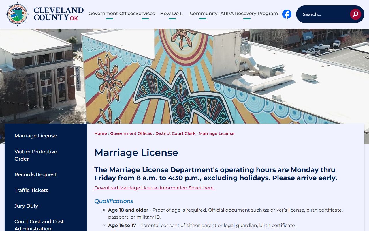 Cleveland County marriage license page maintained by the District Court Clerk