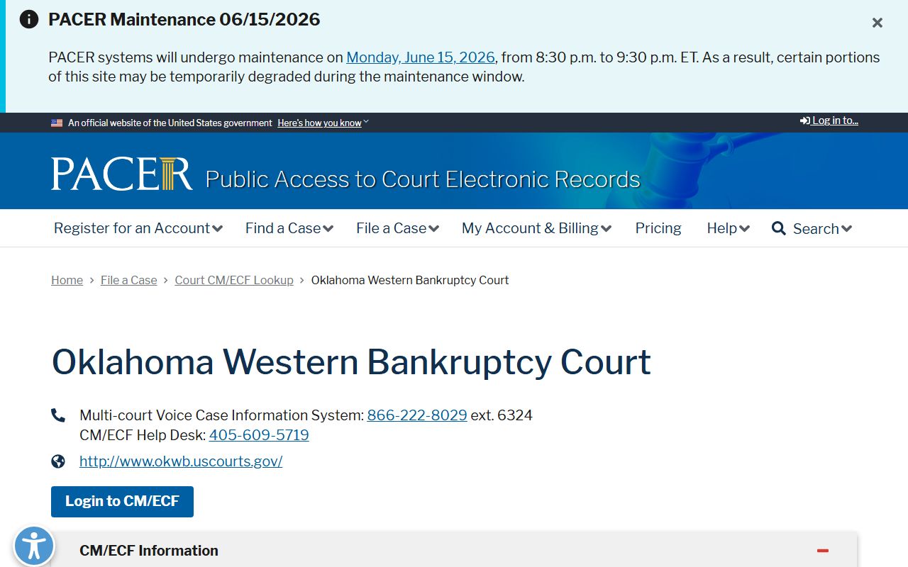 Cleveland County PACER OKWBK bankruptcy docket court records lookup