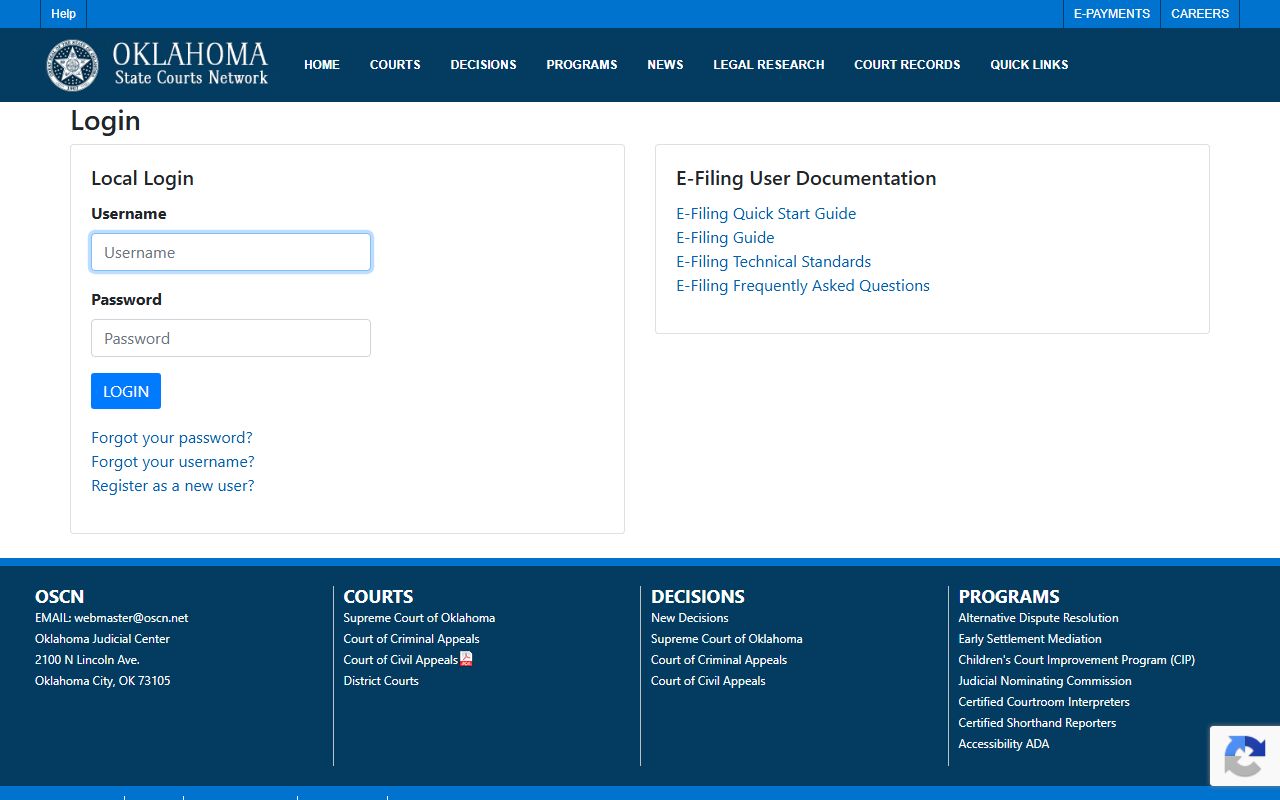 Oklahoma e-filing portal tied to Cleveland County court records