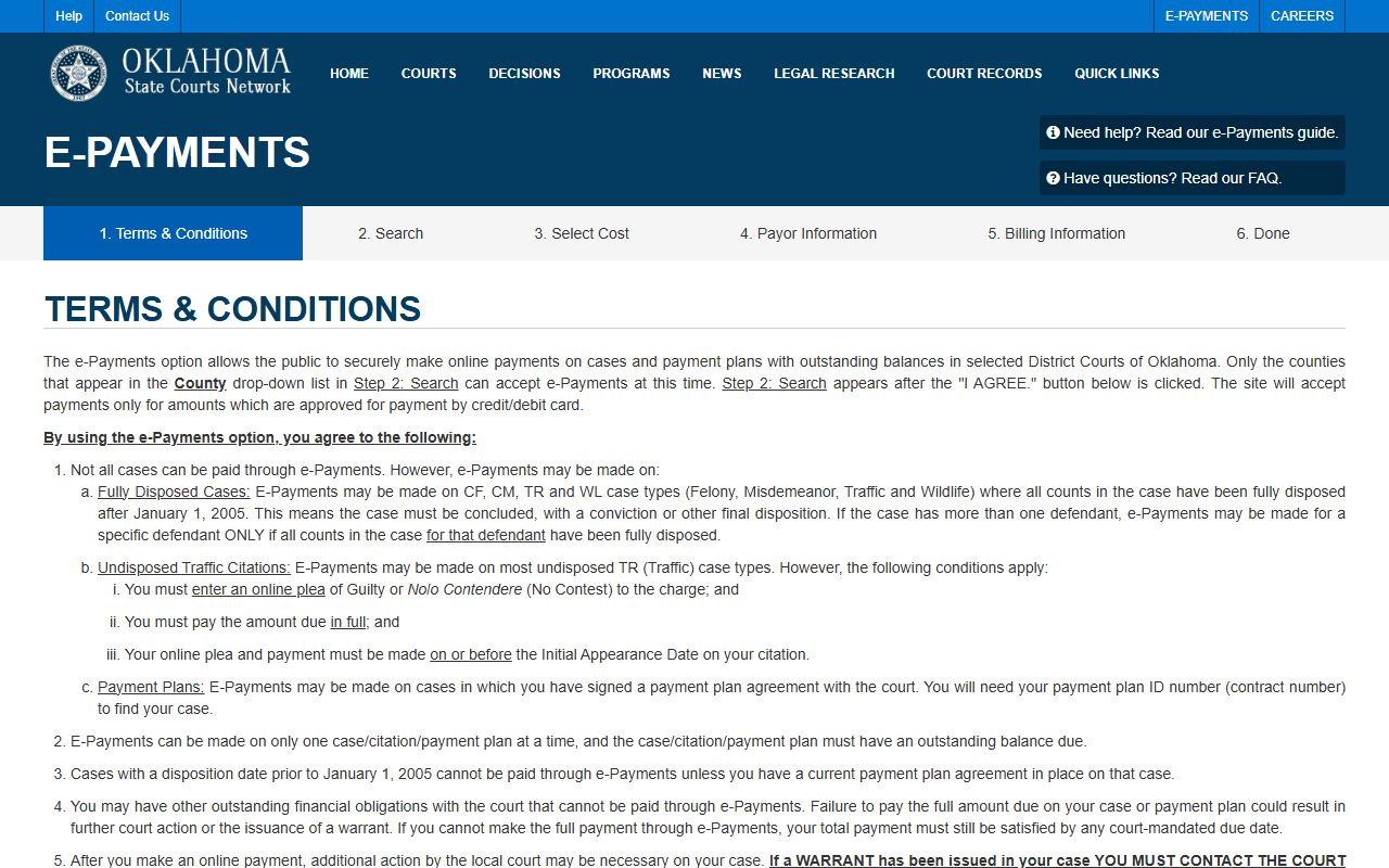 OSCN ePayments portal for Cleveland County court records and fines