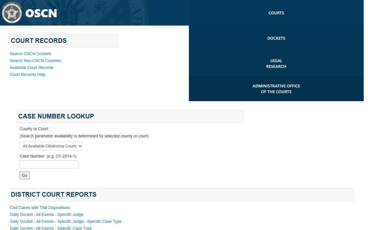 Cleveland County court records docket reports on the OSCN portal