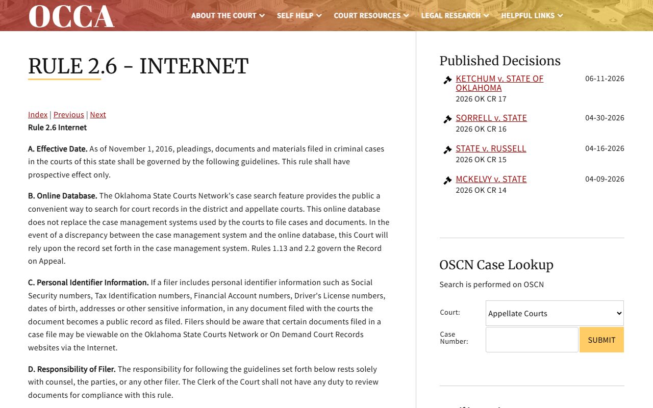 Cleveland County criminal court records online access under OCCA Rule 2.6
