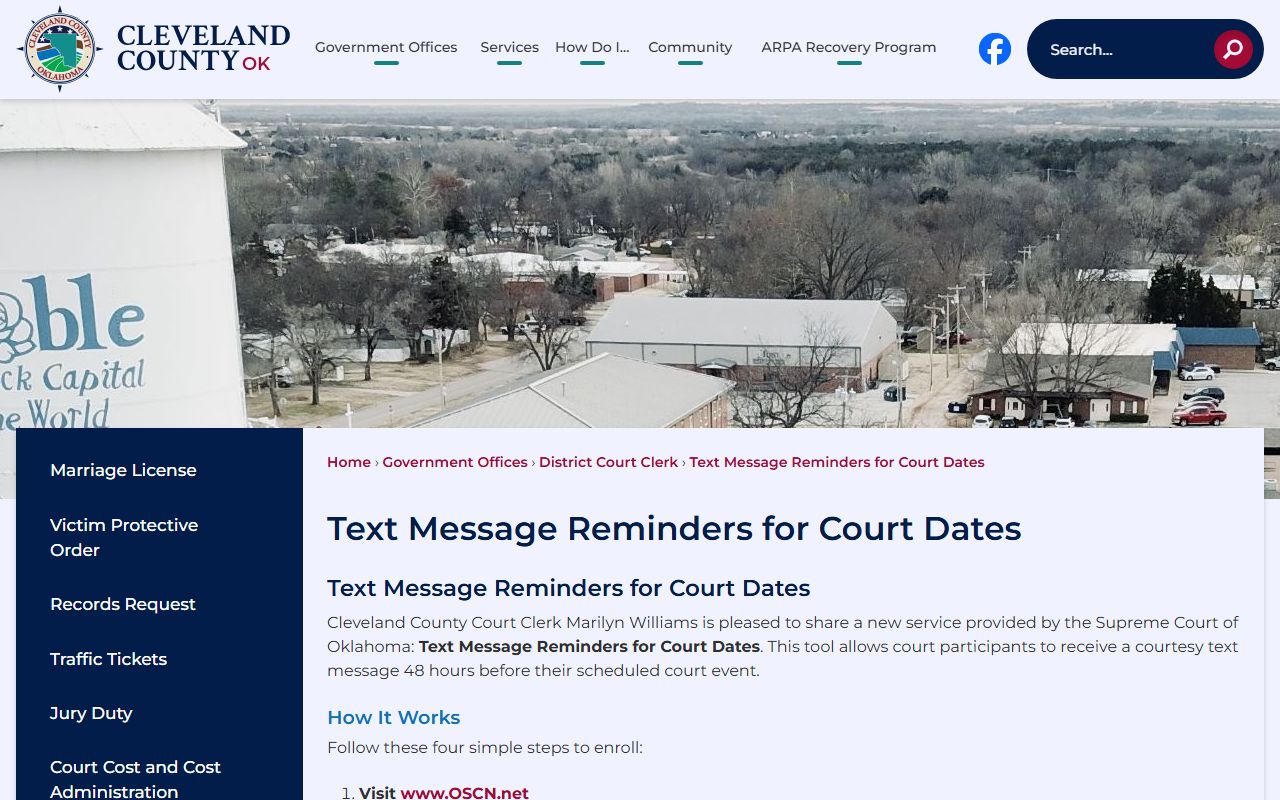 Cleveland County District Court court-date text message reminder enrollment for court records