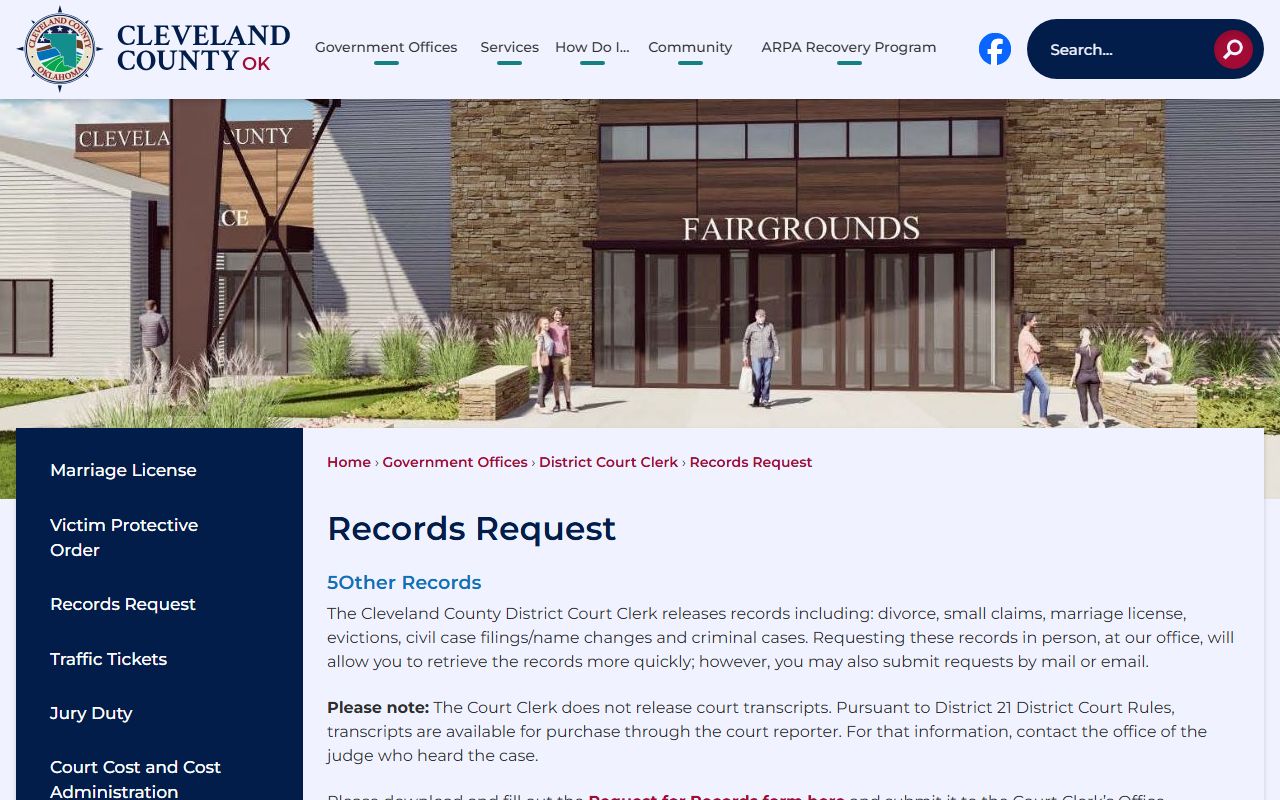 Cleveland County Court Clerk records request page with copy fees