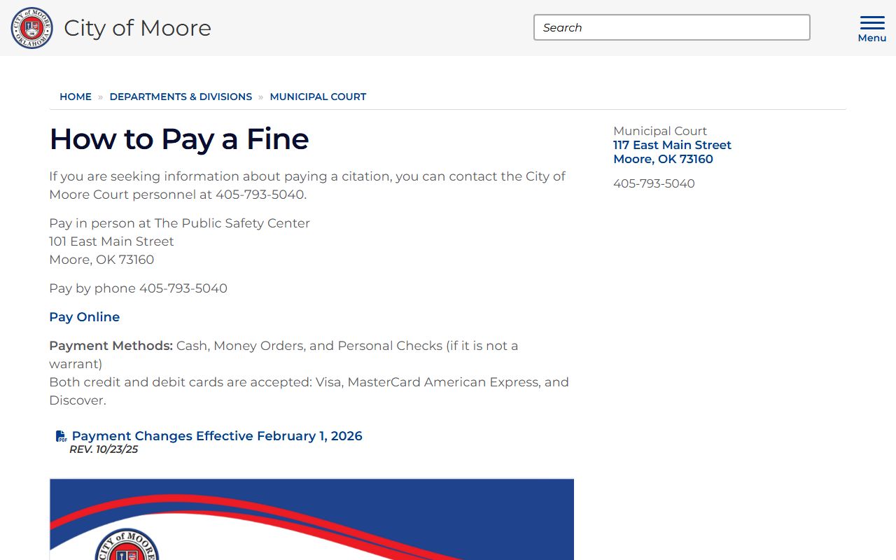 Moore Municipal Court fine payment page for Cleveland County traffic tickets