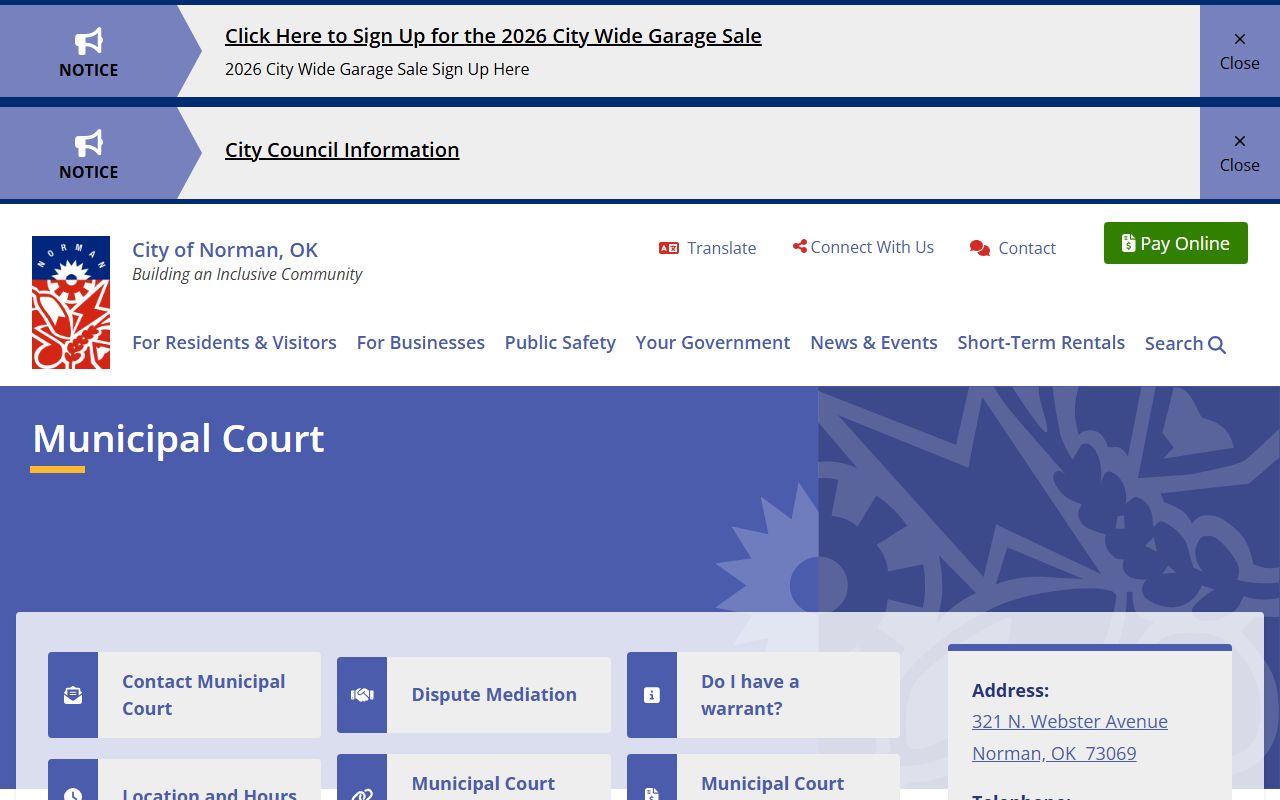 Norman Municipal Court page for Cleveland County city traffic records