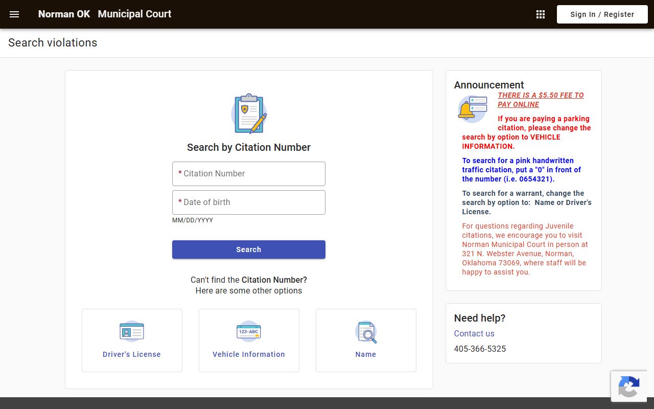 Cleveland County Norman municipal court warrant and citation search